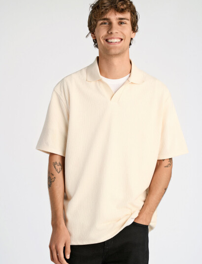 Lindbergh V-Neck Jacquard Polo S/S - Cream - M