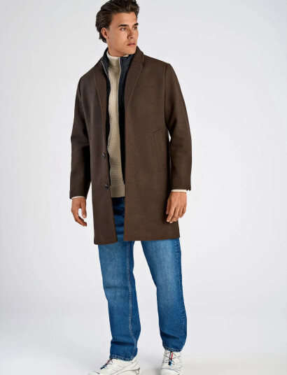 Lindbergh Detachable Collar Lapel Coat - Brown - M