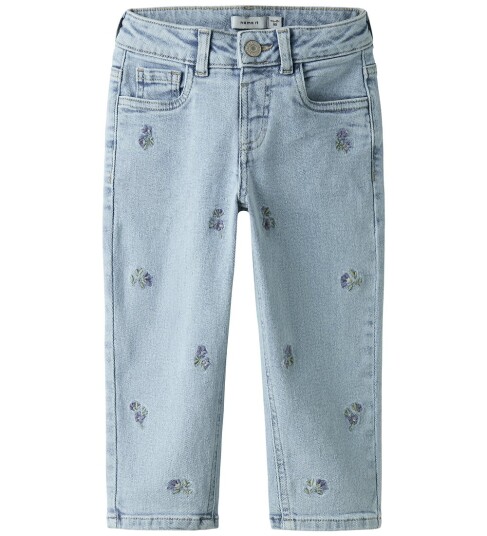 Name It Nmfbella Mom-jeans til småbarn med broderte blomster, 98 blå