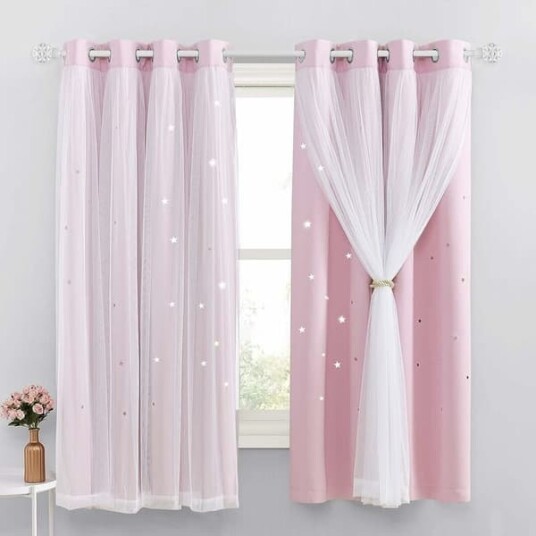 Elegant Design Jenterom Utstansede Stjernemønstre Mørkleggingsgardiner For Termisk Isolering Og Enkelt Vedlikehold Søte Barnegardiner Lys Rosa Dobbel