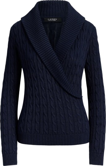 Lauren Ralph Lauren Cable Cotton Blend Shawl Collar Sweater LAUREN NAVY XS Lauren Ralph Lauren Cable Cotton Blend Shawl Collar Sweater LAUREN NAVY XS