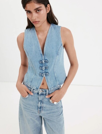 Mango Toggle Denim Top With Frogs Blue XL