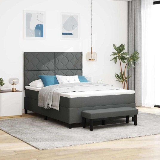 Boksfjærseng med madrass & benk mørk grå 140x200 cm stoff Boksfjærseng med madrass & benk mørk grå 140x200 cm stoff
