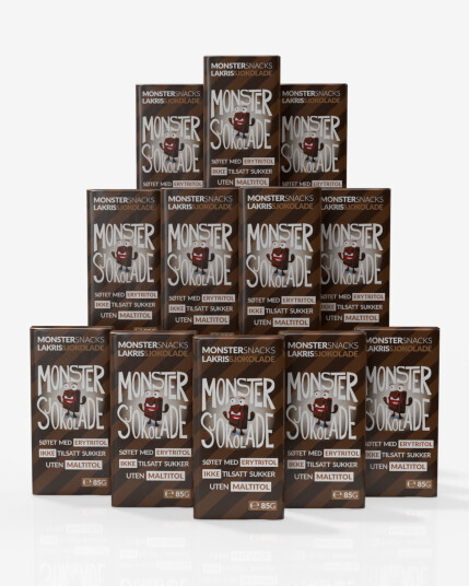 Monster Lavkarbo Belgisk Melkesjokolade m/Lakrisrot 12x85g UTEN MALTITOL Monster Lavkarbo Belgisk Melkesjokolade m/Lakrisrot 12x85g UTEN MALTITOL