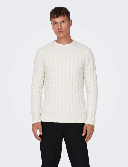 ONLY & SONS Onskicker Life Reg 3 Cable Crew Knit White S ONLY & SONS Onskicker Life Reg 3 Cable Crew Knit White S