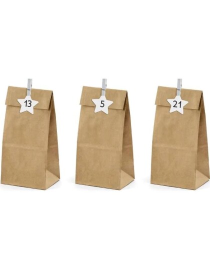 Partydeco Partydeco 24 stk Beige Adventsposer Julekalender med Tall og Klyper KA10 KARTON