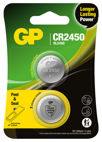 GP CR2450 Lithium Knappcellbatteri 3V, 2-Pakning med Safety Seal