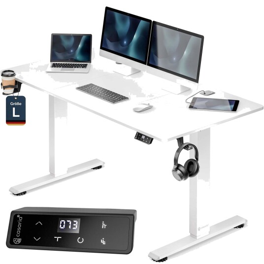 Høydejusterbart skrivebord hvitt 140x60cm – trådløs lader