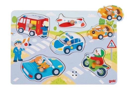 Goki Wooden Stud Puzzle Vehicles with Sound 6 pcs. Tre