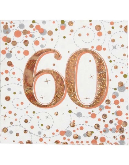 16 stk 60 Års Rosegullfarget Glitrende Bursdagsservietter 33x33 cm