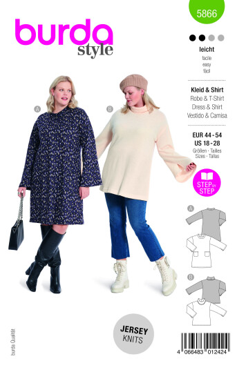 Burda 5866 - Kjole & Genser EUR: 44-54, US: 18-28