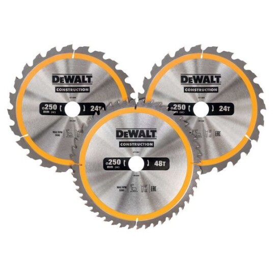 Dewalt 250 mm Sagbladsett for Tre - 3 stk. Sirkelsagklinger med 24T og 48T