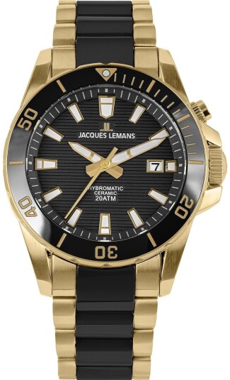 Jacques Lemans Herreklokke 1 2222D Hybromatic Sort/Gulltonet stål