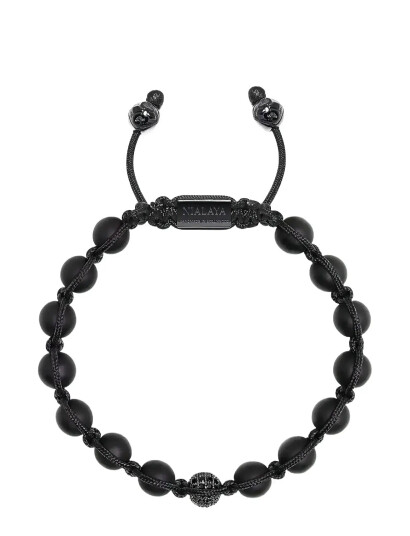 Nialaya Men"s Silver Beaded Bracelet With Matte Onyx & Cz Beads   Black   L