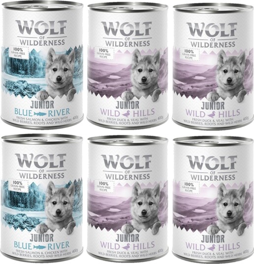 Wolf Of Wilderness Våtfôr Junior Blandet Pakke And Kalv & Laks Kylling 6 X 400 G