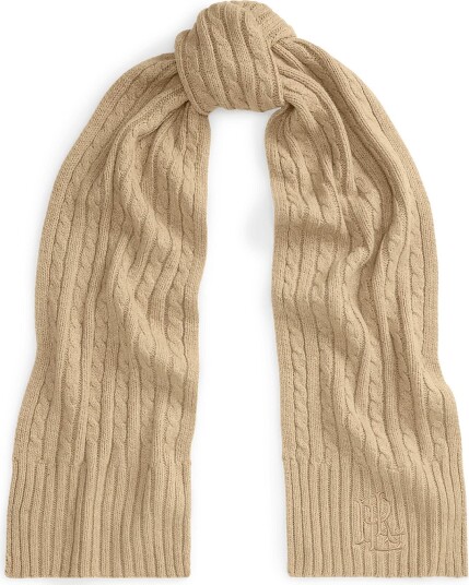 Lauren Ralph Lauren Embroidered Logo Cable Knit Scarf   BIRCH TAN   One Size