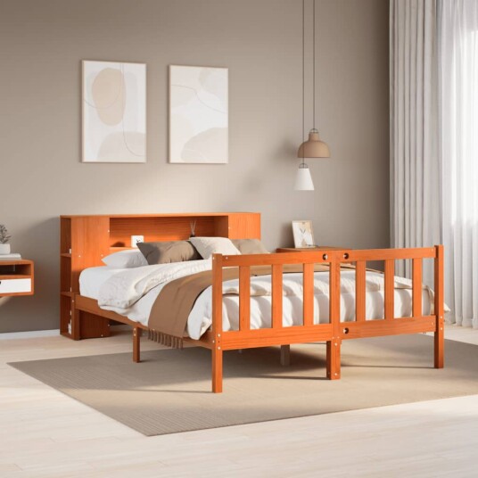 Seng med bokhylle uten madrass voksbrun 140x190 cm heltre furu 8721158604569