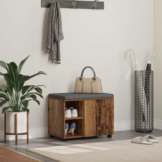 vidaXL Gangbenk med pute med hylle med dør Gammelt tre 60 x 38 x 46 cm vidaXL Gangbenk med pute med hylle med dør Gammelt tre 60 x 38 x 46 cm