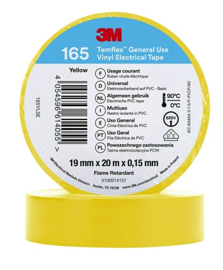 3M Temflex 165 Vinyltape 19mm x 20m Gul for Elektroverktøy