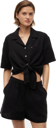 Tommy Jeans Tjw Textured Tie Front Ss Shirt Black S