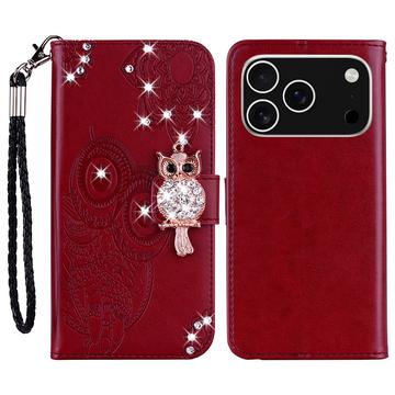 iPhone 17 Pro Ugle Rhinestone Lommebok deksel   Rød