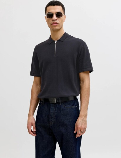 Jack & Jones Jjeemil Knit Zip Polo Ss Sn Black L Jack & Jones Jjeemil Knit Zip Polo Ss Sn Black L
