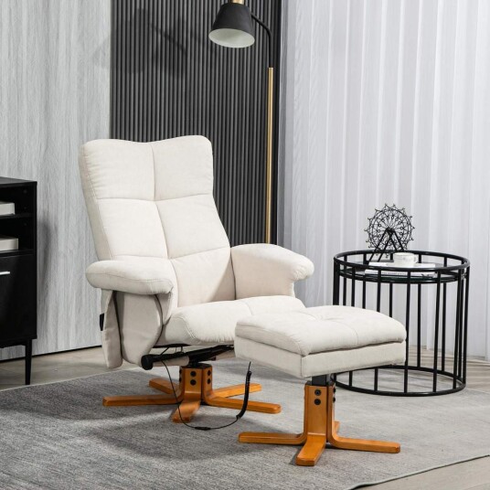 Avslappingsstol massasjestol med krakk og oppbevaringsplass TV stol med liggefunksjon 360° roterbar med sidelomme kunstskinn Avslappingsstol massasjestol med krakk og oppbevaringsplass TV stol med liggefunksjon 360° roterbar med sidelomme kunstskinn