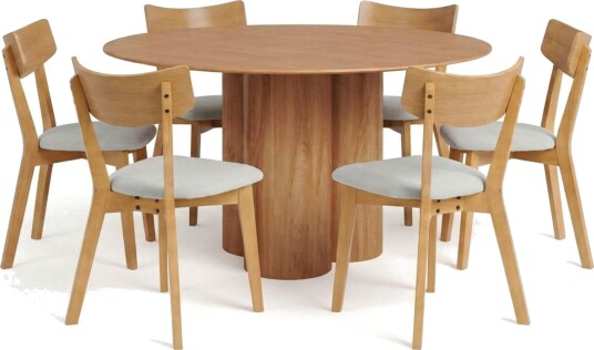 Juno spisegruppe 130 cm rund i eik med 6 Amelia spisestoler med sittepute Eik/Beige