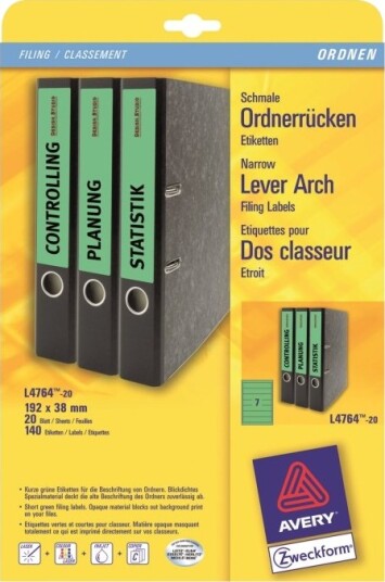 Avery L4764 Grønn 38 X 192 Mm 140 Stk 20 Ark X 7 Filmappeetiketter