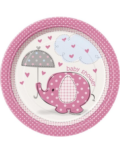 8 stk Små Papptallerkener 17 cm   Babyshower Pink Elephant
