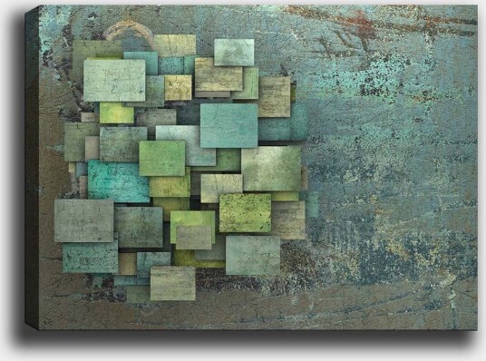 Lerretsbilde 70x100 cm Abstrakt komposisjon av overlappende firkanter i forskjellige nyanser av grønt og blått Grønn / Turkis / Blå