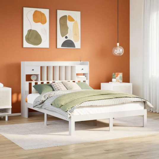  Seng med bokhylle uten madrass hvit 140x190 cm heltre furu 8721158613813