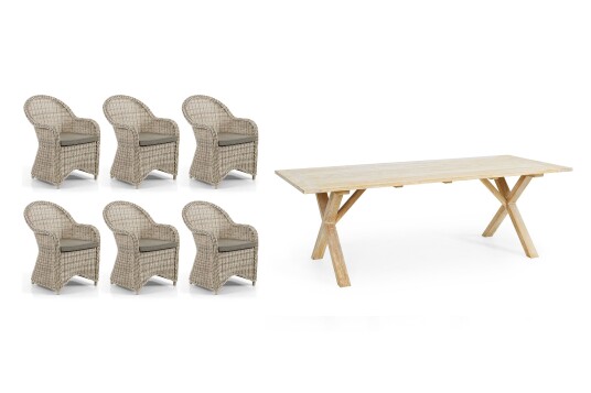 Brafab Paulina & Brutus matgruppe Beige med beige pute 6 lenestoler & bord 220x100 cm