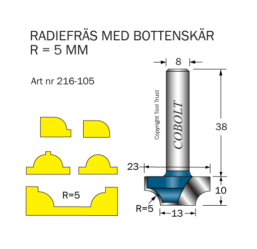 Cobolt 216-105 Radiusfres R=5 D=23/13 L=10 Maskintilbehør & forbruk