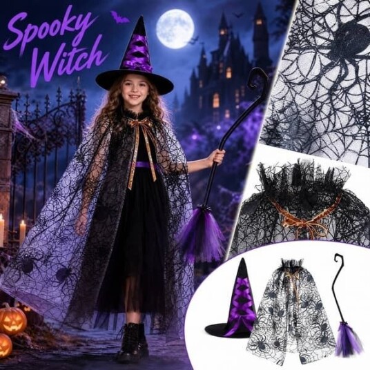 Halloween Heksekostymesett med Spindelvevkappe, Hatt og Kost 3 Deler