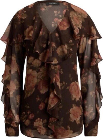 Lauren Ralph Lauren Floral Ruffle Trim Chiffon V Neck Blouse BROWN MULTI XS
