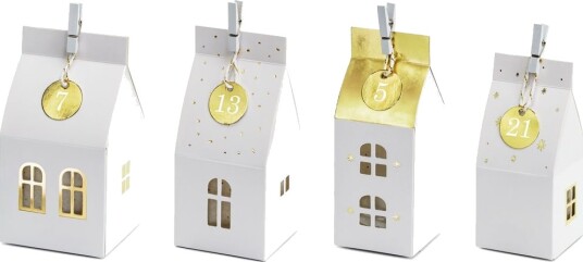 24 stk Hvite og Gullfargede Julehus Advent Bokser / Julekalender med Tags Klyper og Hyssing