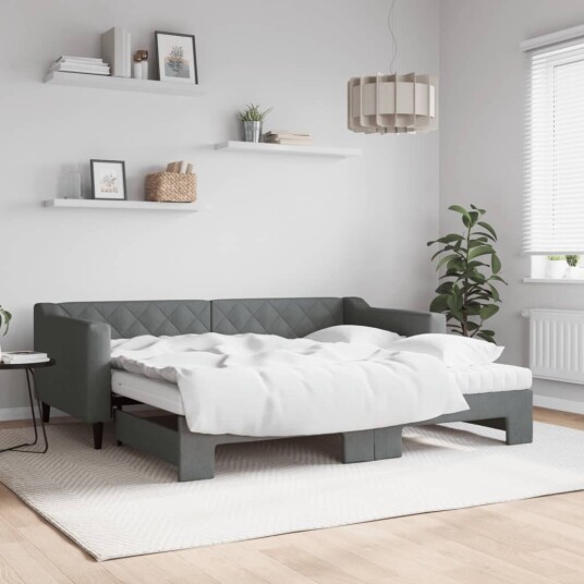  Uttrekkbar dagseng med madrass mørkegrå 90x190 cm stoff