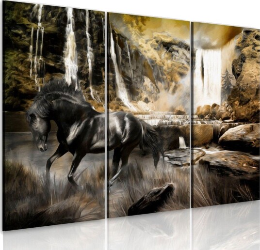 Bilde Black Horse And Rocky Waterfall 120x80 Artgeist sp. z o. o. Bilde Black Horse And Rocky Waterfall 120x80 Artgeist sp. z o. o.