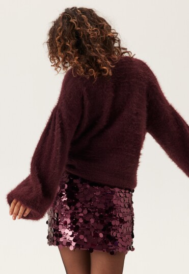 Bubbleroom Fluffy Knitted Pearl Cardigan Burgundy S