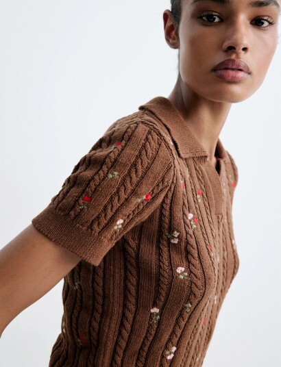 Mango Polo Neck Jumper With Floral Embroideries Brown S