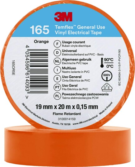 3M Temflex 165 Vinyltape 19mm x 20m Oransje for Elektroverktøy