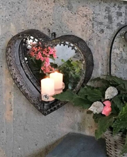 Hjertelykt for vegg rustikk mørk gull/grå med speil for telys/