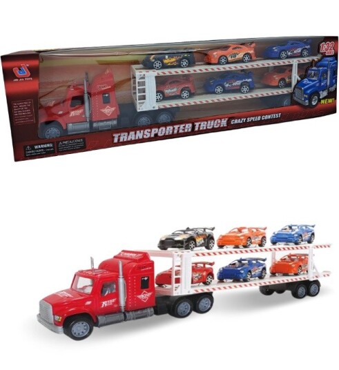 Friksjonsdrevet transporter lastebil i rød med 6 lekebiler 57 cm lang