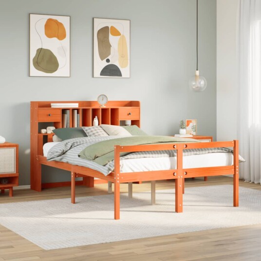  Seng med bokhylle uten madrass voksbrun 160x200 cm heltre furu 8721158608628