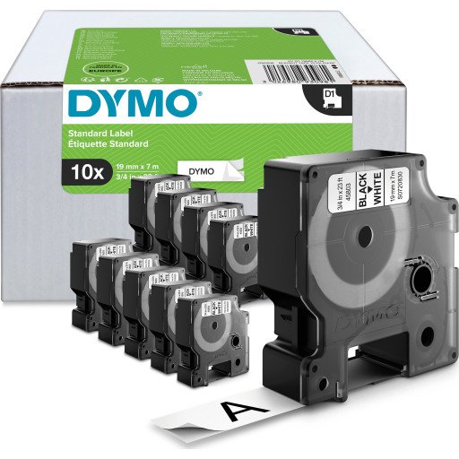 DYMO D1 tape, 19mm x 7m rull, sort på hvit, selvklebende tape til LabelManager printere, original, 10 ruller