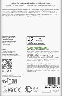 Puro TPE USB A USB C 10W kabel 3m hvit PUCAC10W3MTWHI
