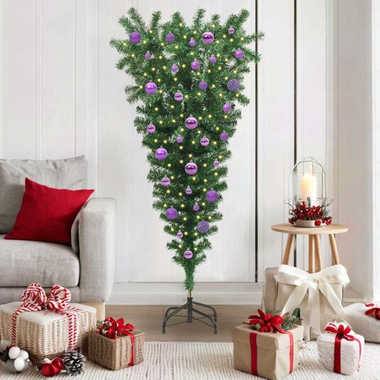 Opp ned Künstig forberedt juletre med ballsett grønn 150 cm PVC Opp ned Künstig forberedt juletre med ballsett grønn 150 cm PVC