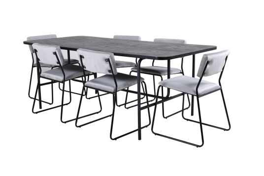 Venture Design Uno & Kenth spisegruppe Grå/svart 6 stoler & bord 200 x 90 cm