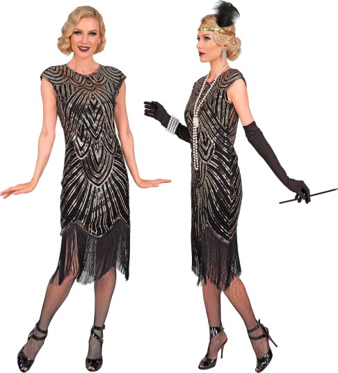 Deluxe Roaring 20's Gatsby Flapper Svart og Gullfarget Luksus Flapperkjole til Dame X-Large Voksenkostyme 15914